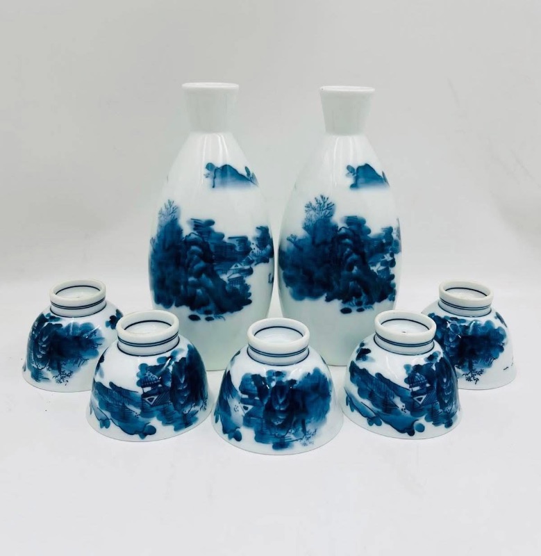 Bộ Sake gốm Nhật men la vẽ tay sơn thuỷ tùng đình