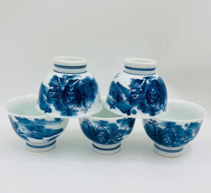 Bộ Sake gốm Nhật men la vẽ tay sơn thuỷ tùng đình