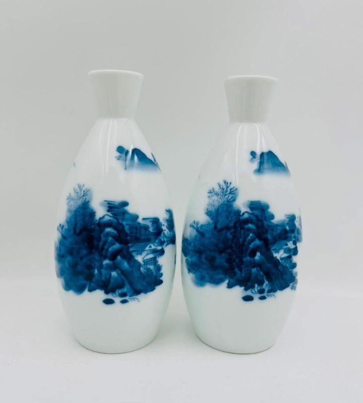 Bộ Sake gốm Nhật men la vẽ tay sơn thuỷ tùng đình