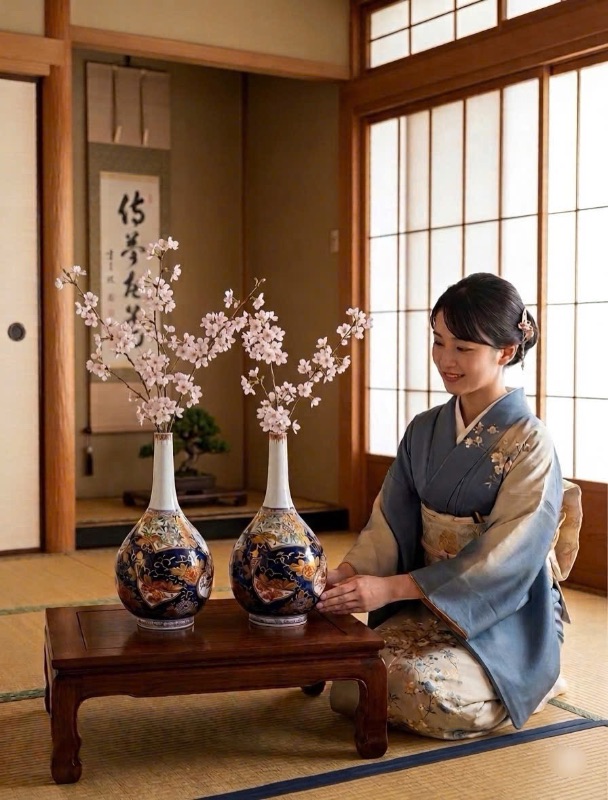 Cặp bình gốm Nhật hút lộc vẽ vàng Imari