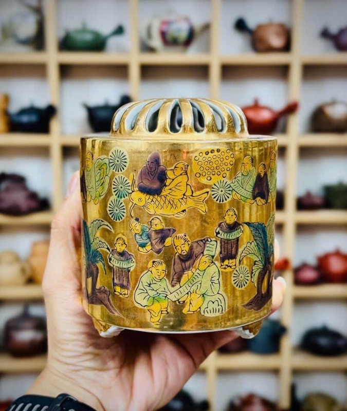 Xông trầm gốm Nhật vẽ vàng Mokubei đẹp hiếm gặp