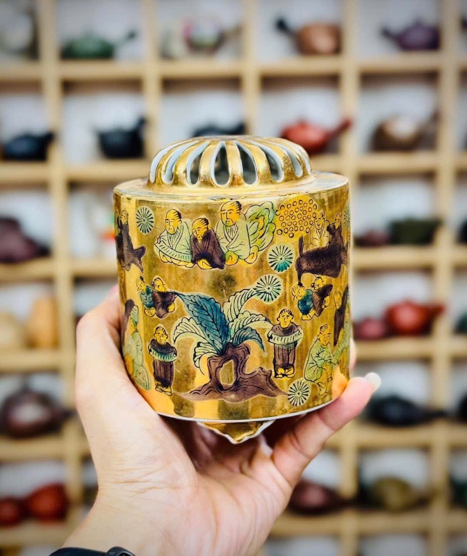 Xông trầm gốm Nhật vẽ vàng Mokubei đẹp hiếm gặp