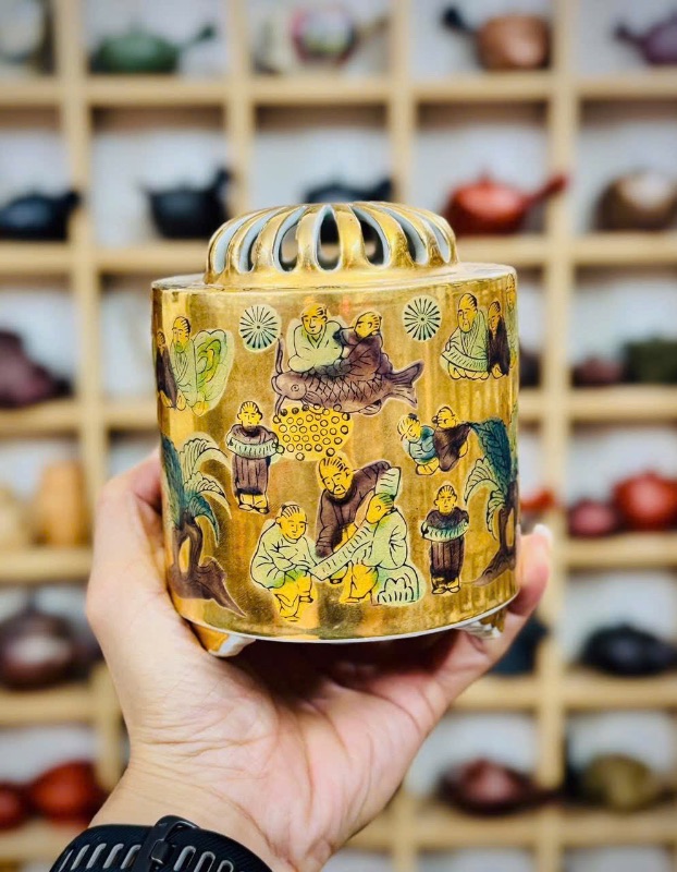 Xông trầm gốm Nhật vẽ vàng Mokubei đẹp hiếm gặp