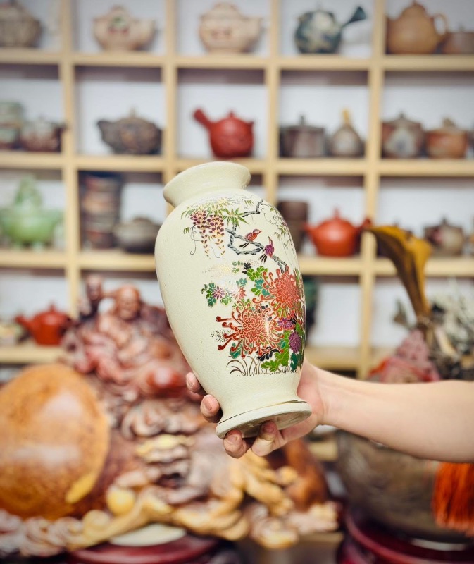 Bình gốm Nhật satsuma vẽ vàng chim hoa đẹp tinh tế