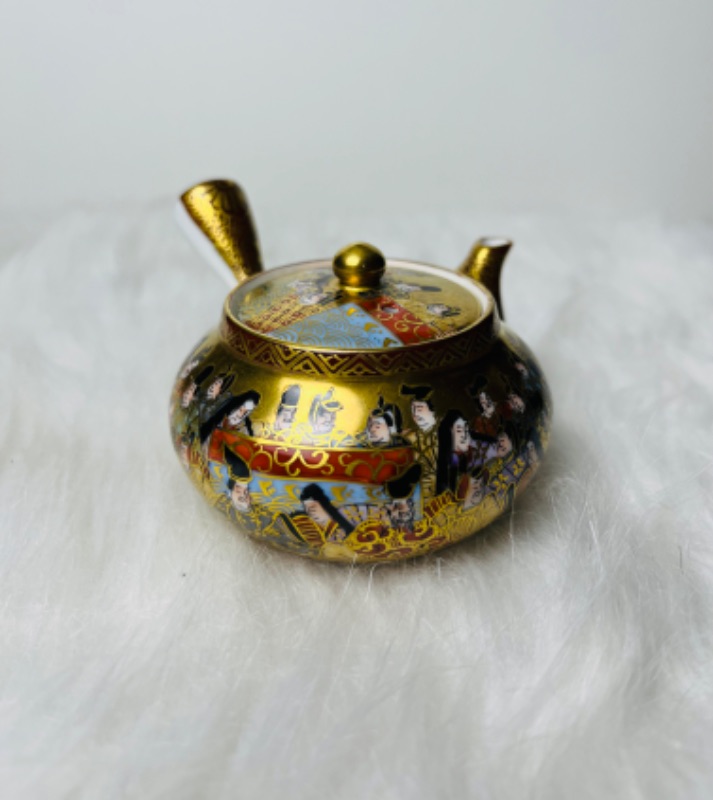 Bộ trà gốm Nhật kutani thi sĩ vẽ vàng thư pháp bài thơ hàng hiếm sưu tầm