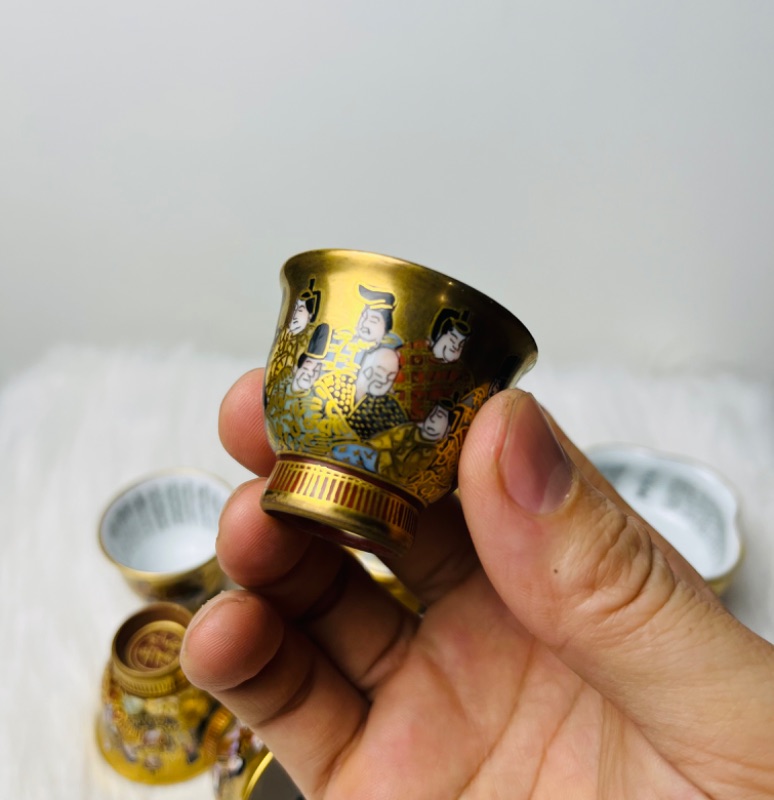 Bộ trà gốm Nhật kutani thi sĩ vẽ vàng thư pháp bài thơ hàng hiếm sưu tầm