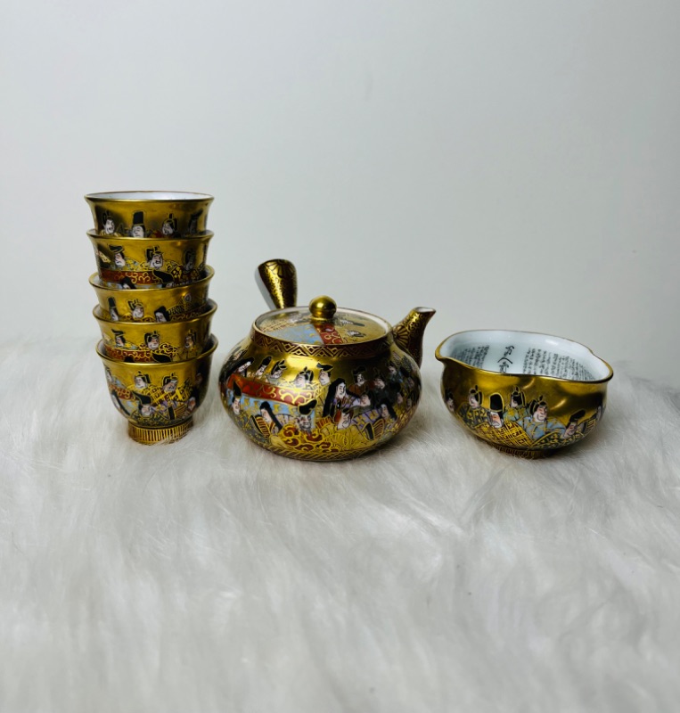 Bộ trà gốm Nhật kutani thi sĩ vẽ vàng thư pháp bài thơ hàng hiếm sưu tầm